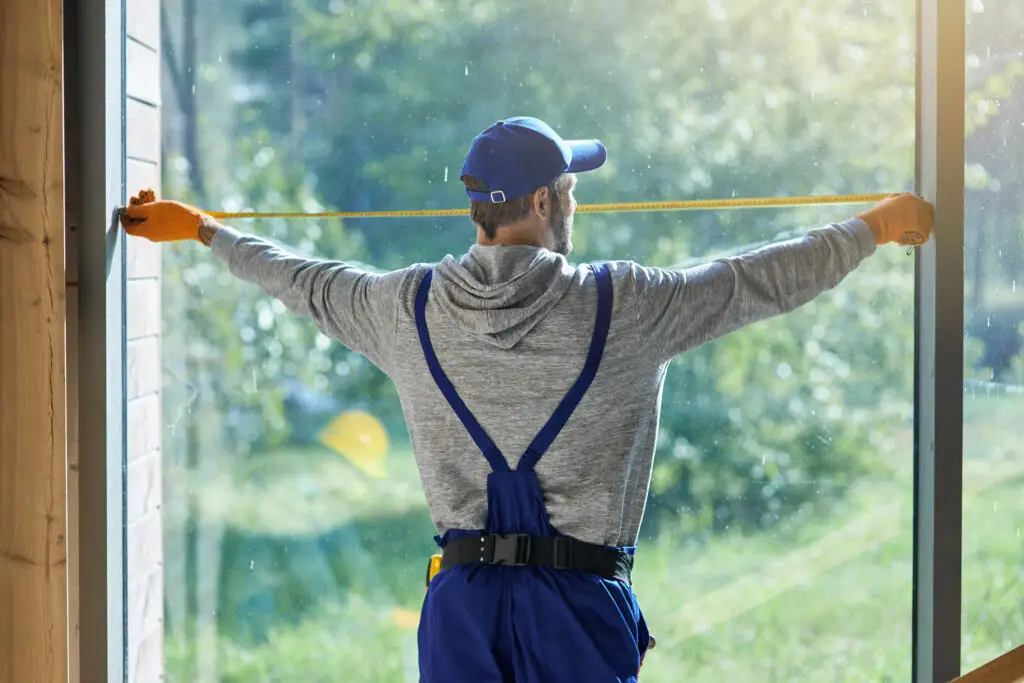 Rear view of young workman wearing blue overalls using measuring tape while working on cottage construction site